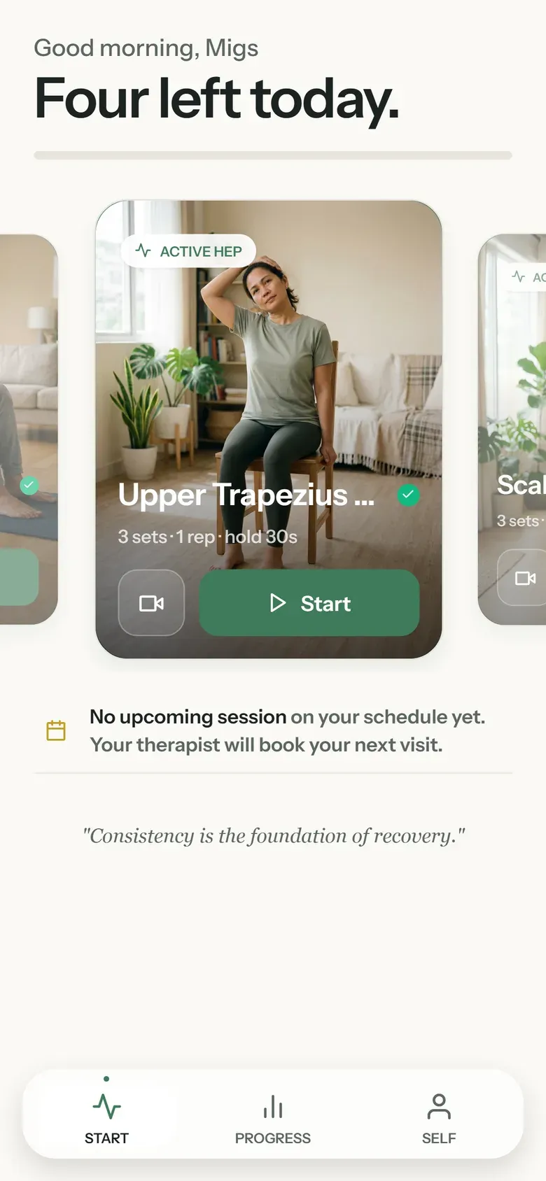 The AlliedWell patient app showing today’s home exercises, each with a photo and a Start button.